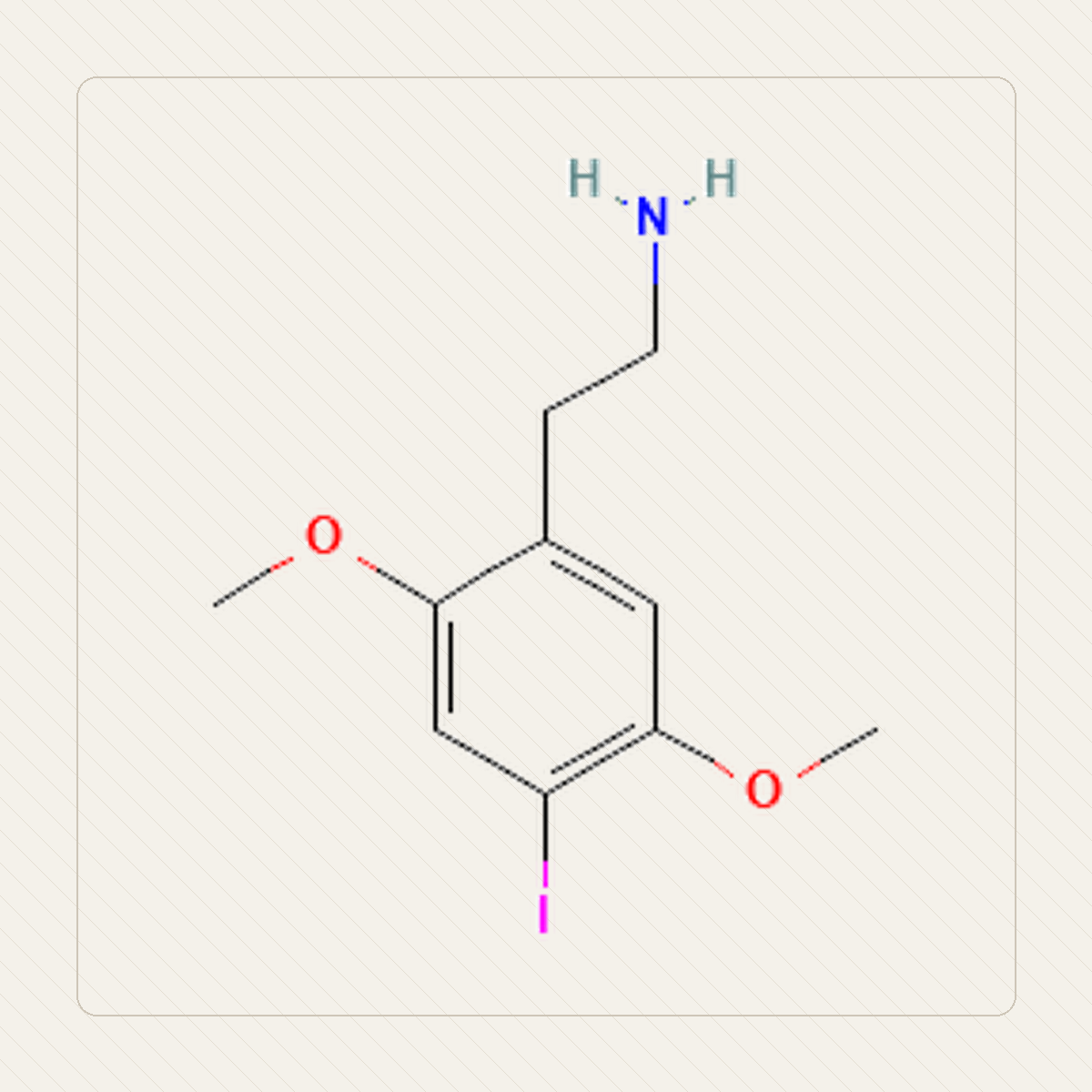 2C-I 2,5-dimetoksy-4-jodofenetyloamina, kennslumynd af sameindabyggingu
